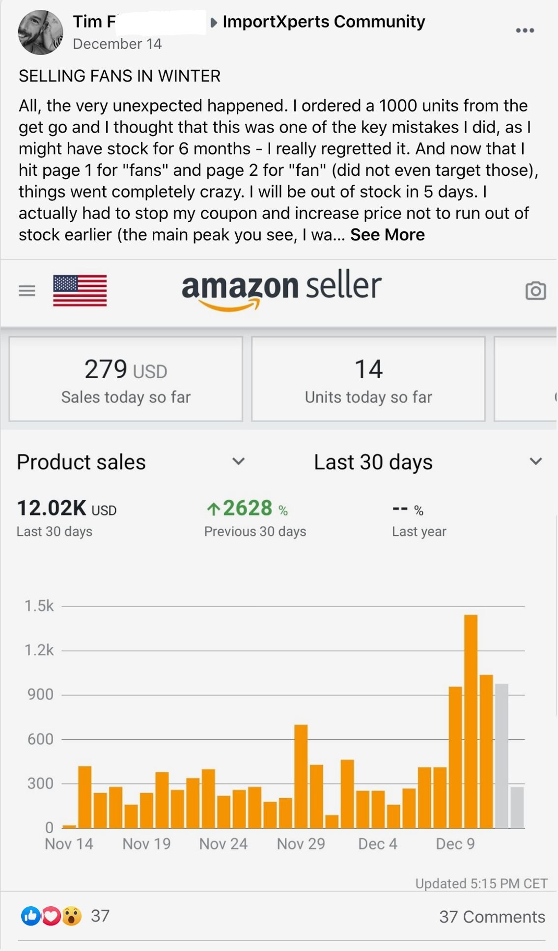 Tim's Facebook post to the ImportXperts cohort, dated December 14 2019, showing his Amazon Seller dashboard.