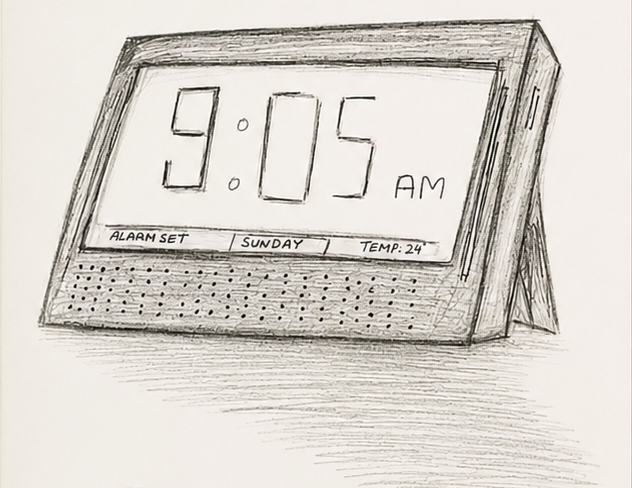 Concept sketch — digital clock radio reading 9:05 AM